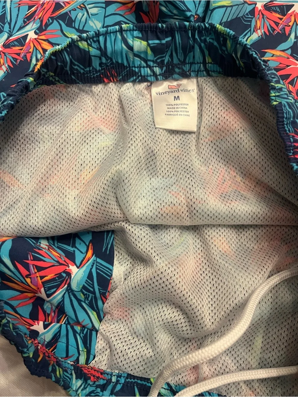 Vineyard Vines Men's Navy Swim Trunks with Teal & Coral Floral Print